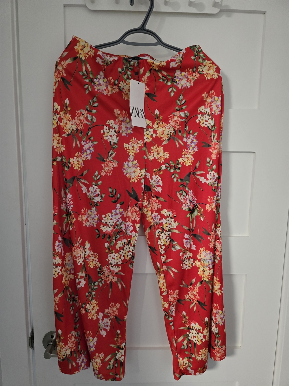 Zara Red Floral Wide-Leg Trousers with Yellow & Pink Blooms